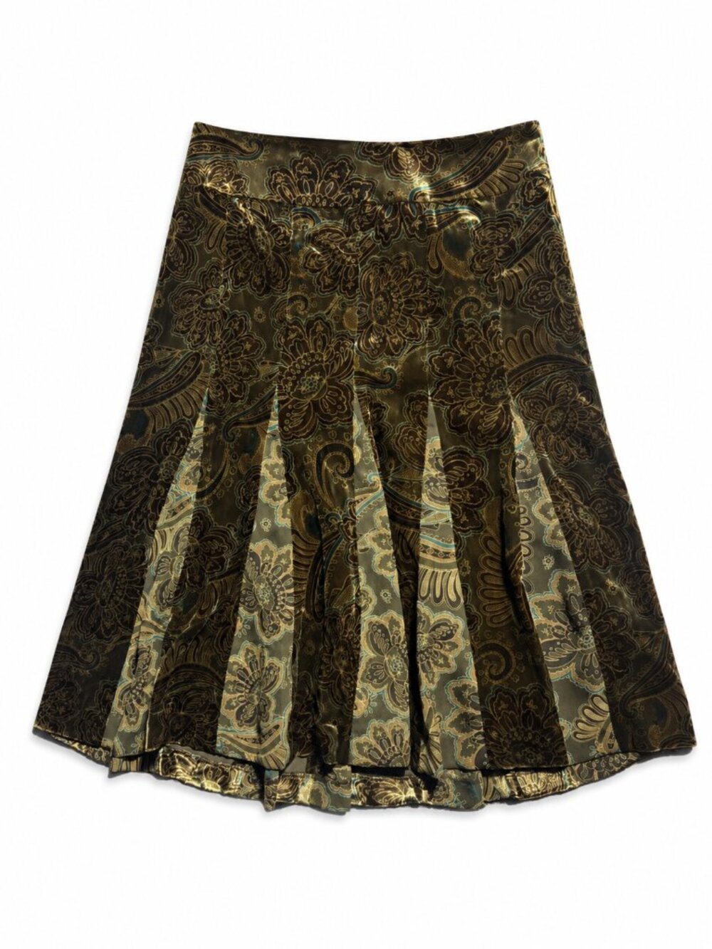 LOFT Brown Green Crushed Velvet Silk Blend A-Line Skirt Women's Size 4